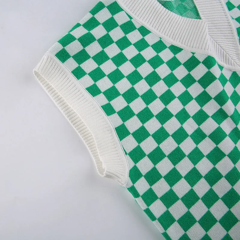 2022 new sexy loose knitted vest lattice grid jacquard patchwork V-neck loose sleeveless sweater