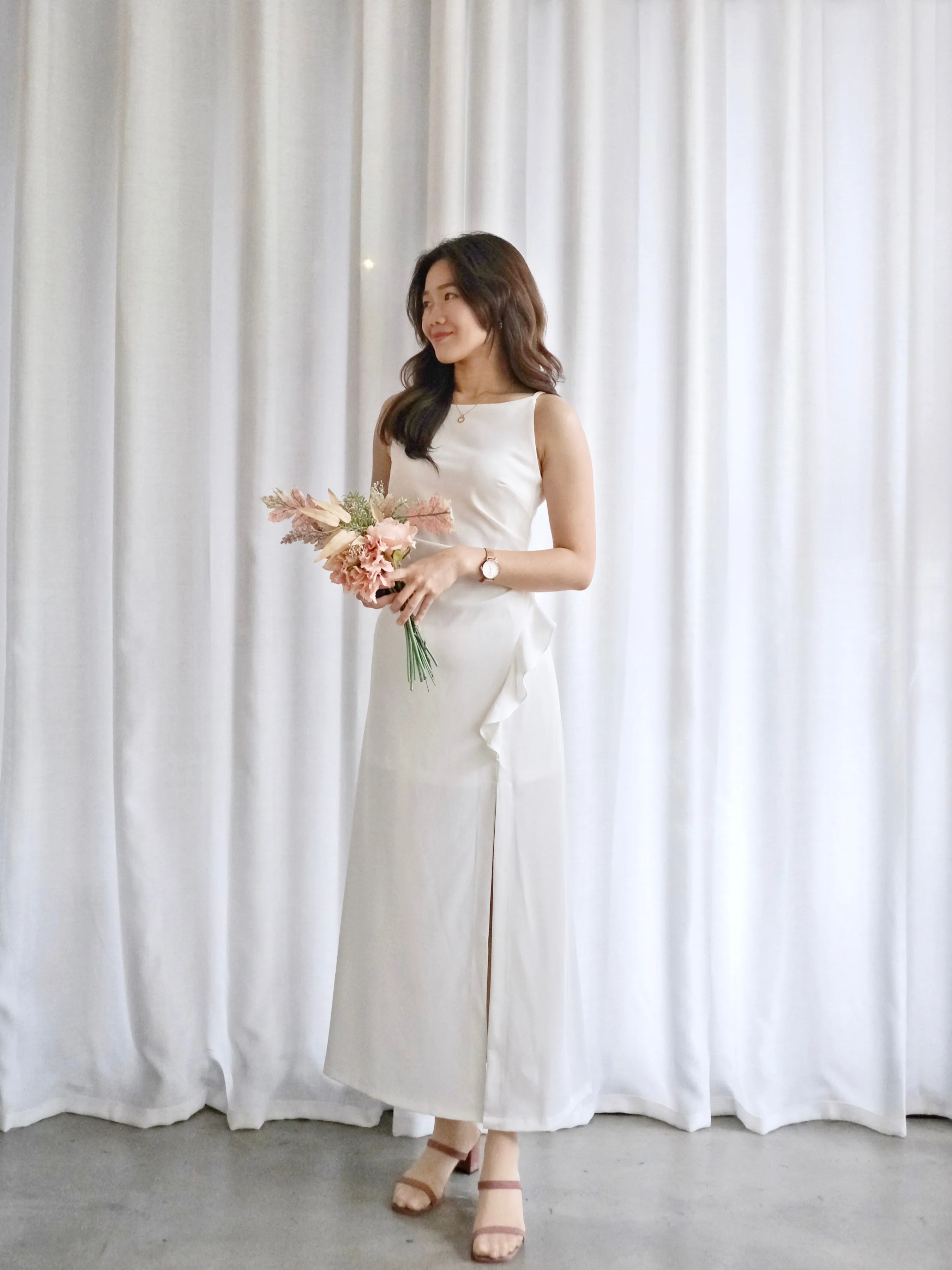 ACEWIN Spaghetti Strap Side Ruffle Slit Maxi Dress (Size S-XL) 703229