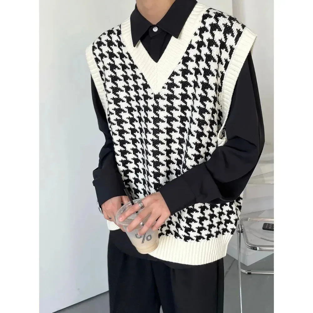 Autumn Men Clothing V-neck Houndstooth Knitted Sweater Vests for Men Korean Fashion Loose Casual Sleeveless Men's Pullover Vest