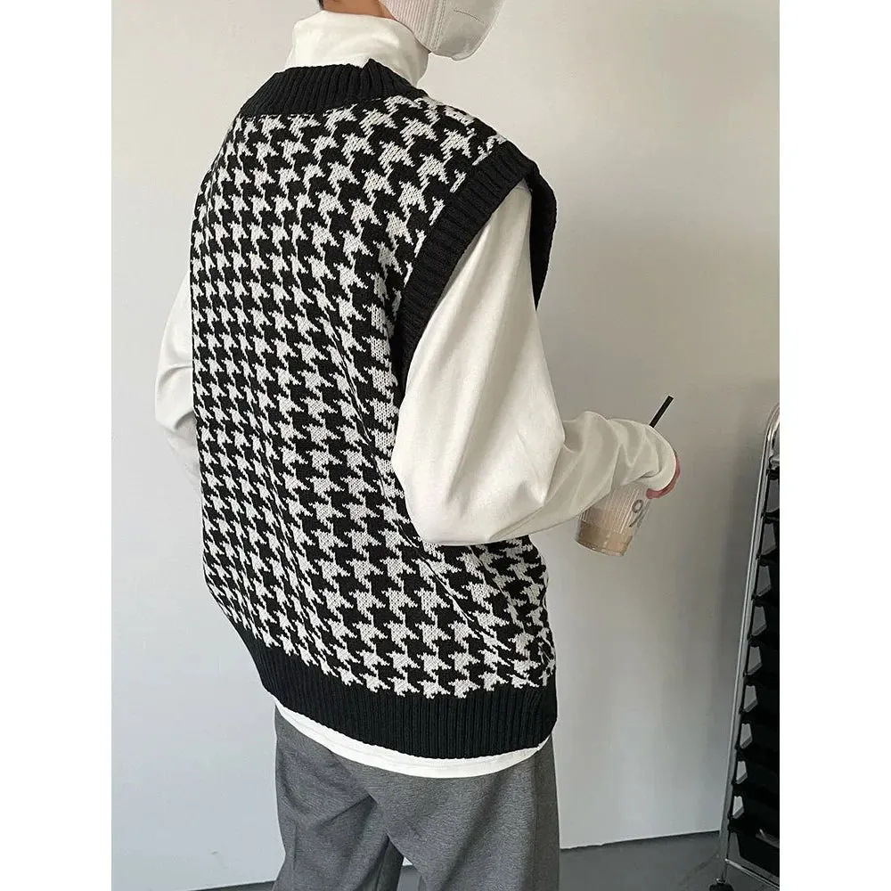 Autumn Men Clothing V-neck Houndstooth Knitted Sweater Vests for Men Korean Fashion Loose Casual Sleeveless Men's Pullover Vest