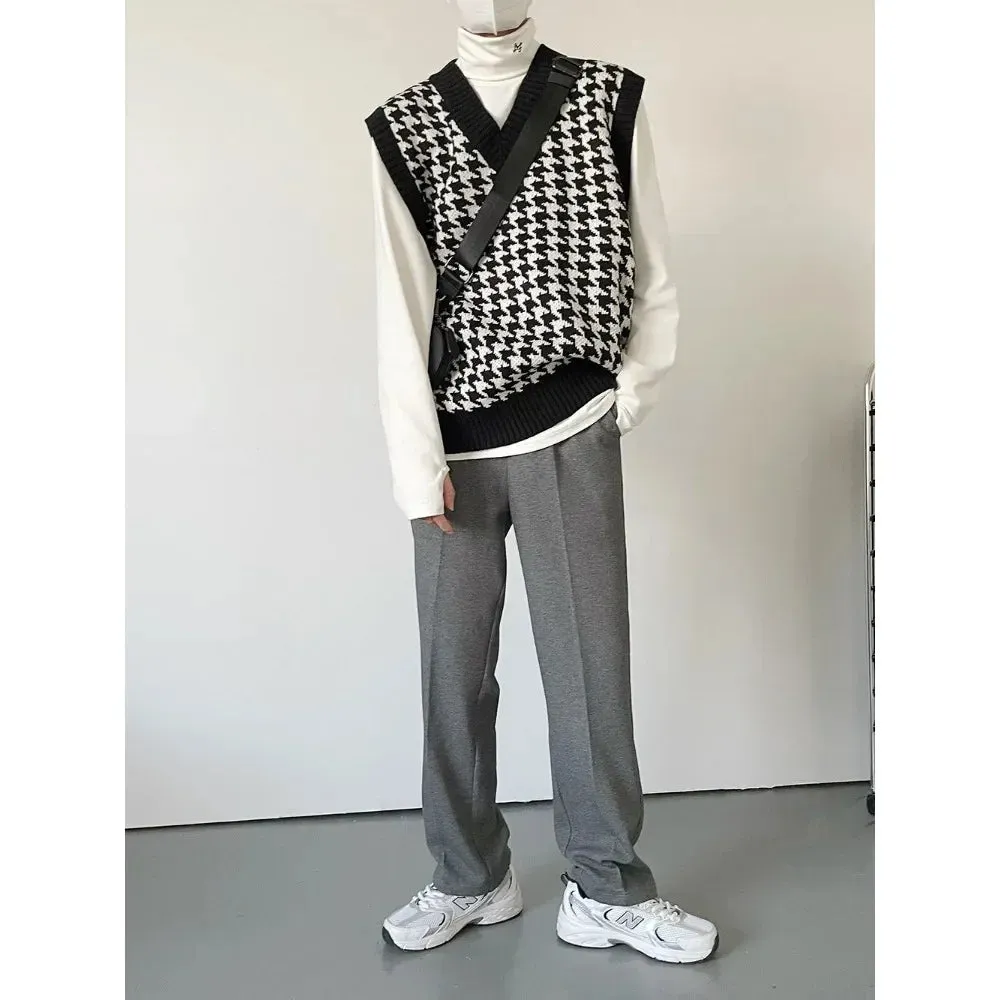 Autumn Men Clothing V-neck Houndstooth Knitted Sweater Vests for Men Korean Fashion Loose Casual Sleeveless Men's Pullover Vest