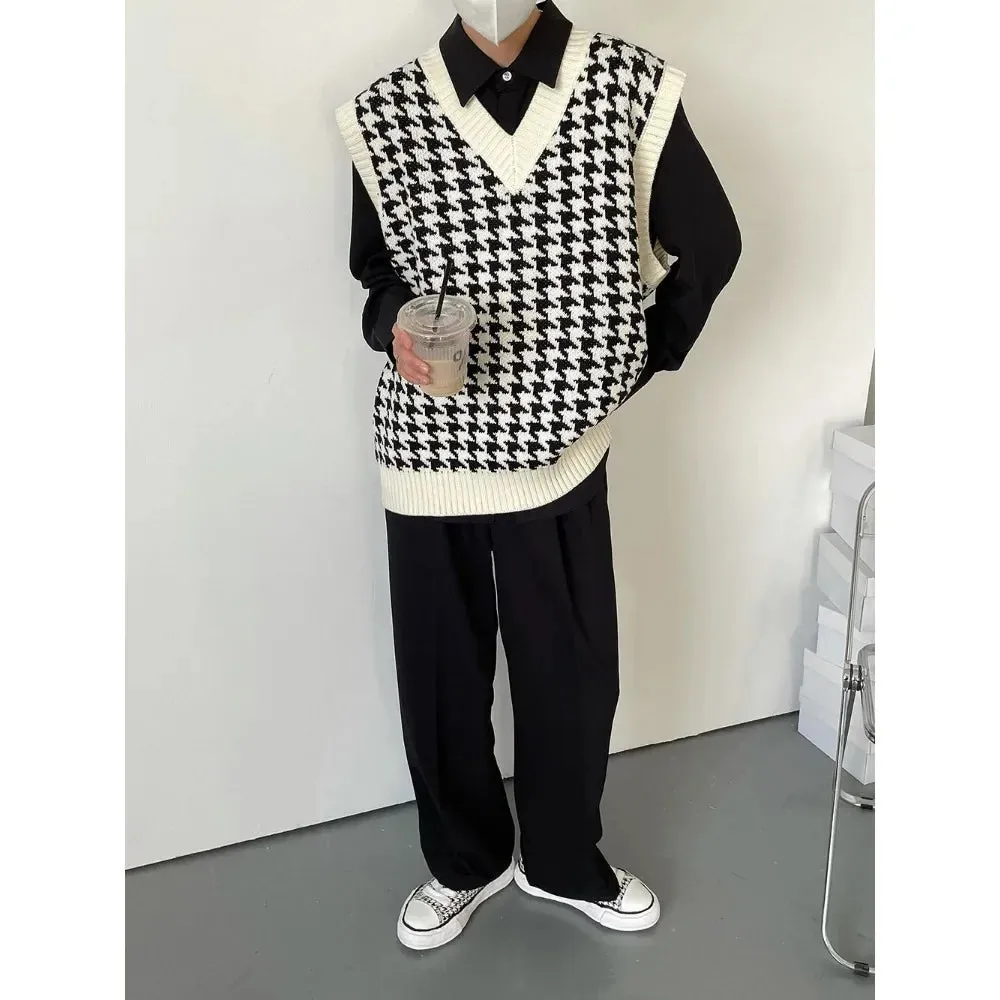 Autumn Men Clothing V-neck Houndstooth Knitted Sweater Vests for Men Korean Fashion Loose Casual Sleeveless Men's Pullover Vest
