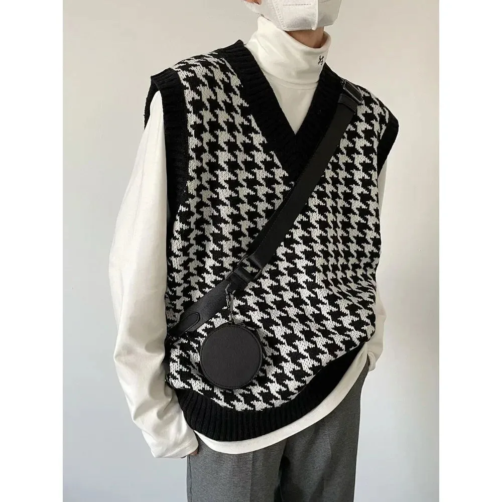 Autumn Men Clothing V-neck Houndstooth Knitted Sweater Vests for Men Korean Fashion Loose Casual Sleeveless Men's Pullover Vest