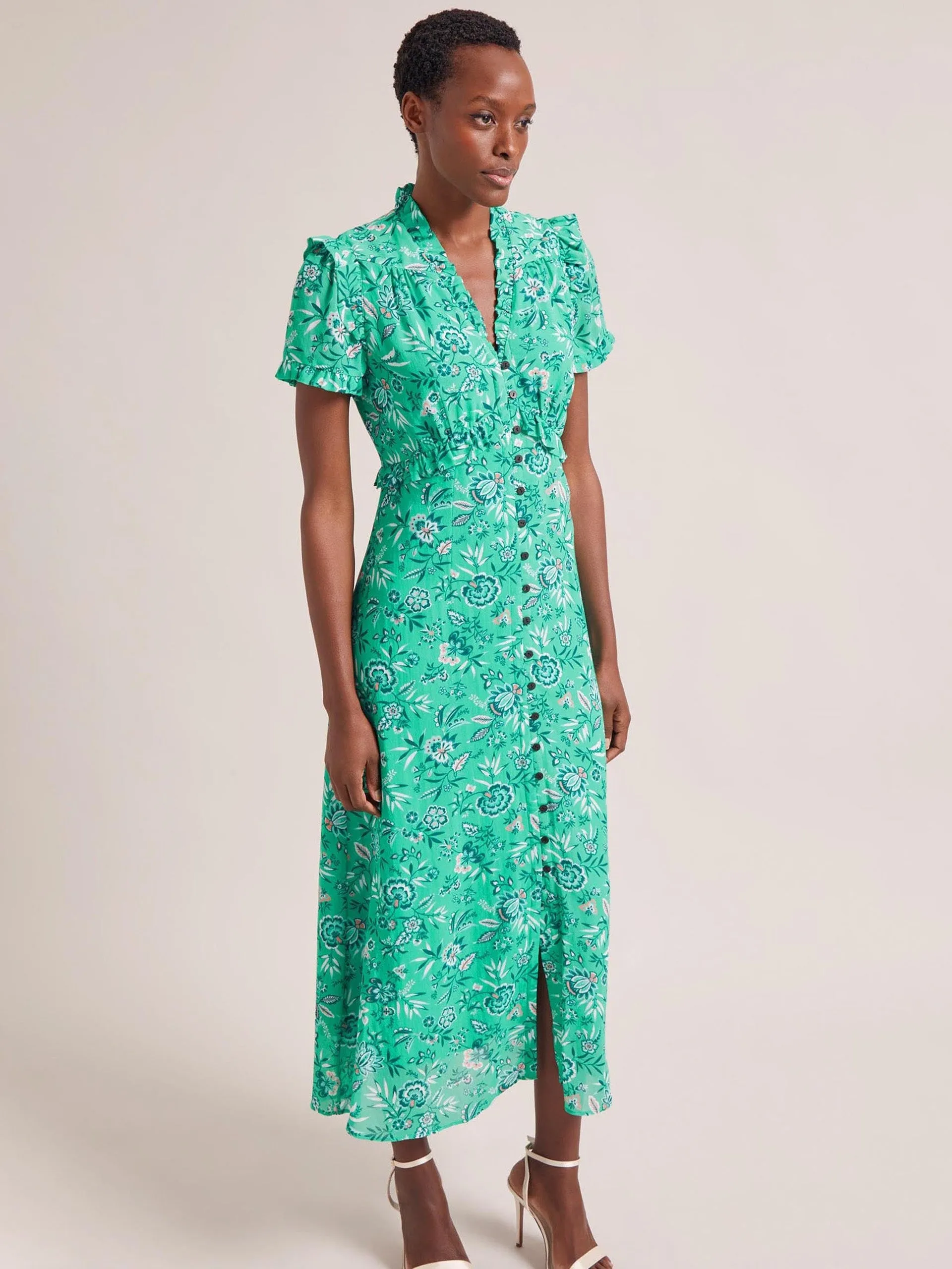 Green white palm floral Liliana cotton blend maxi dress