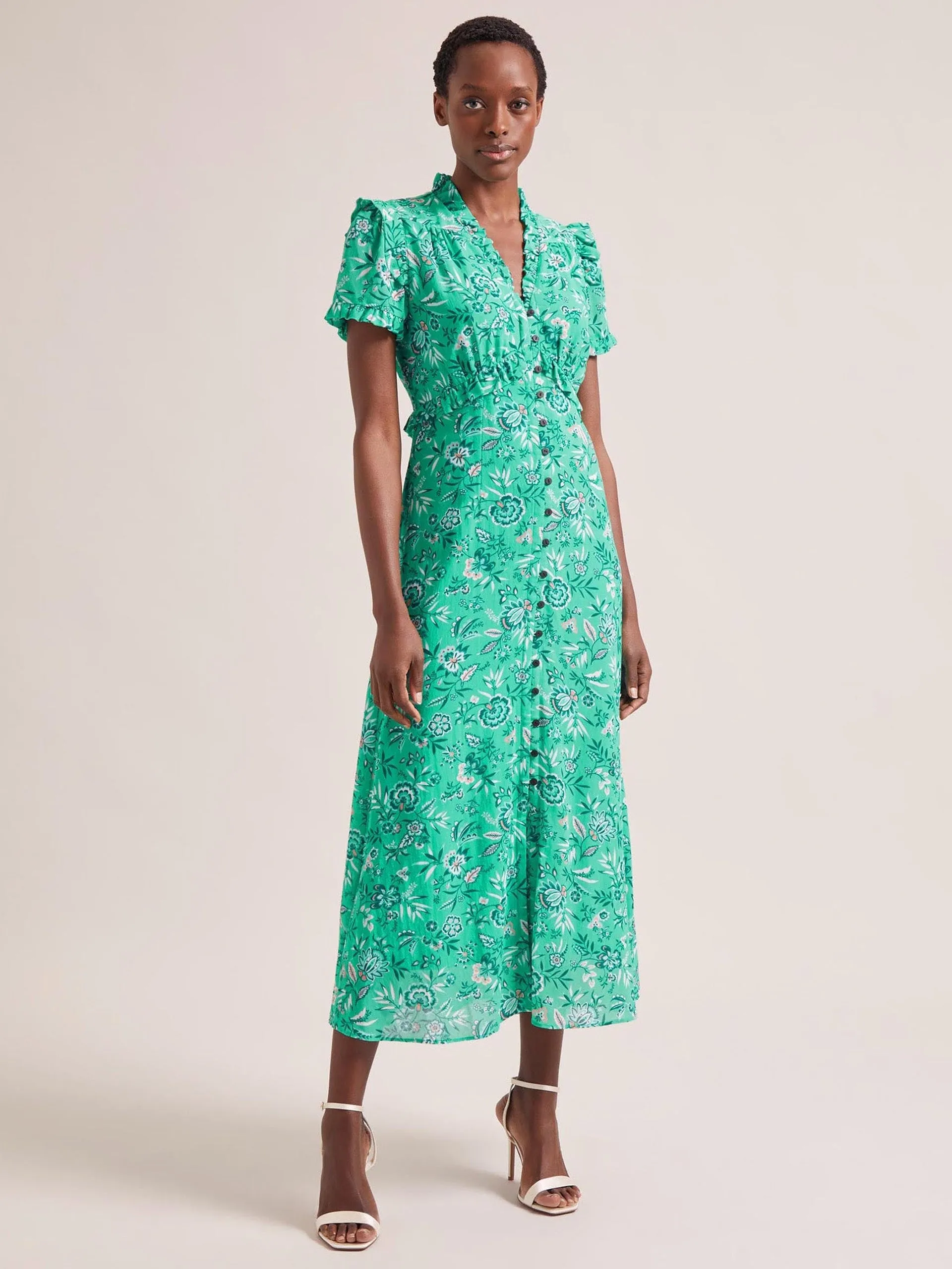 Green white palm floral Liliana cotton blend maxi dress