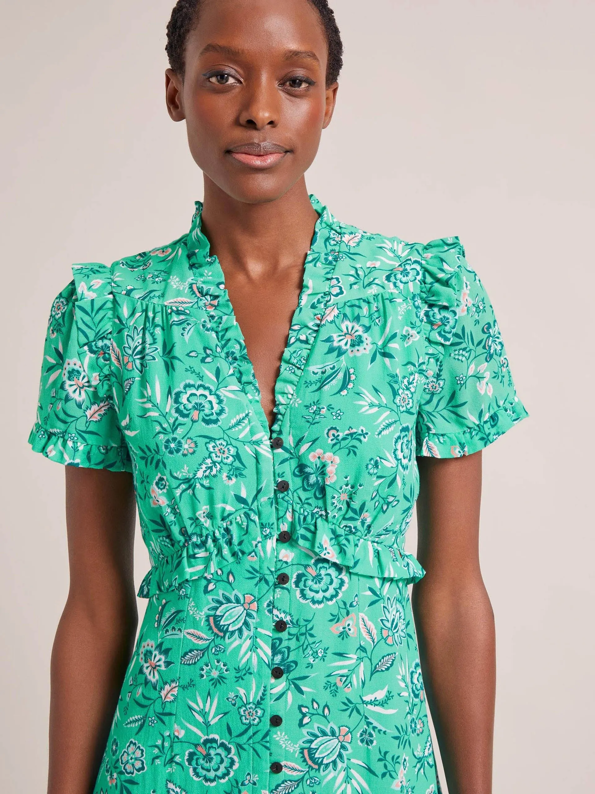 Green white palm floral Liliana cotton blend maxi dress