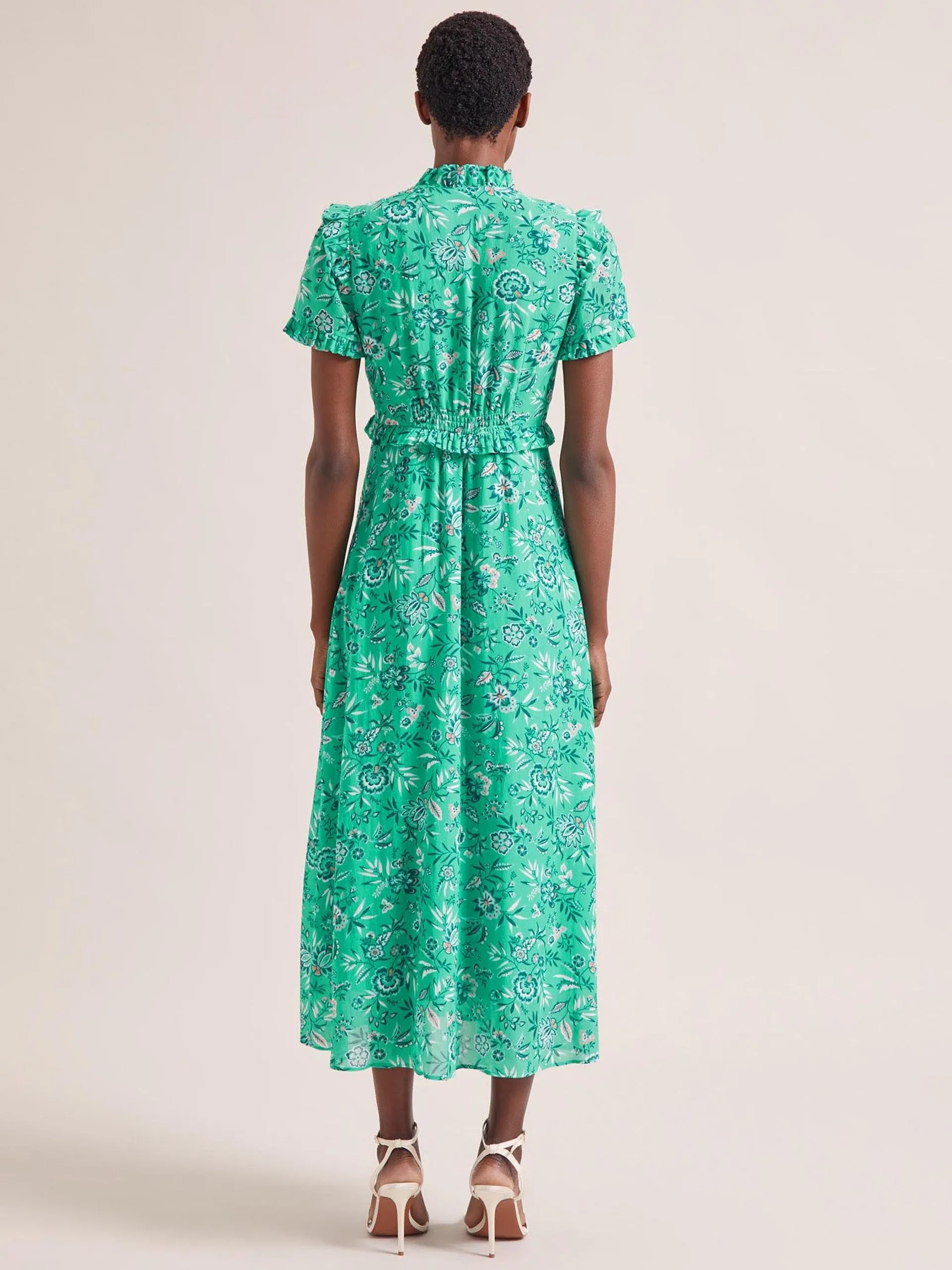 Green white palm floral Liliana cotton blend maxi dress