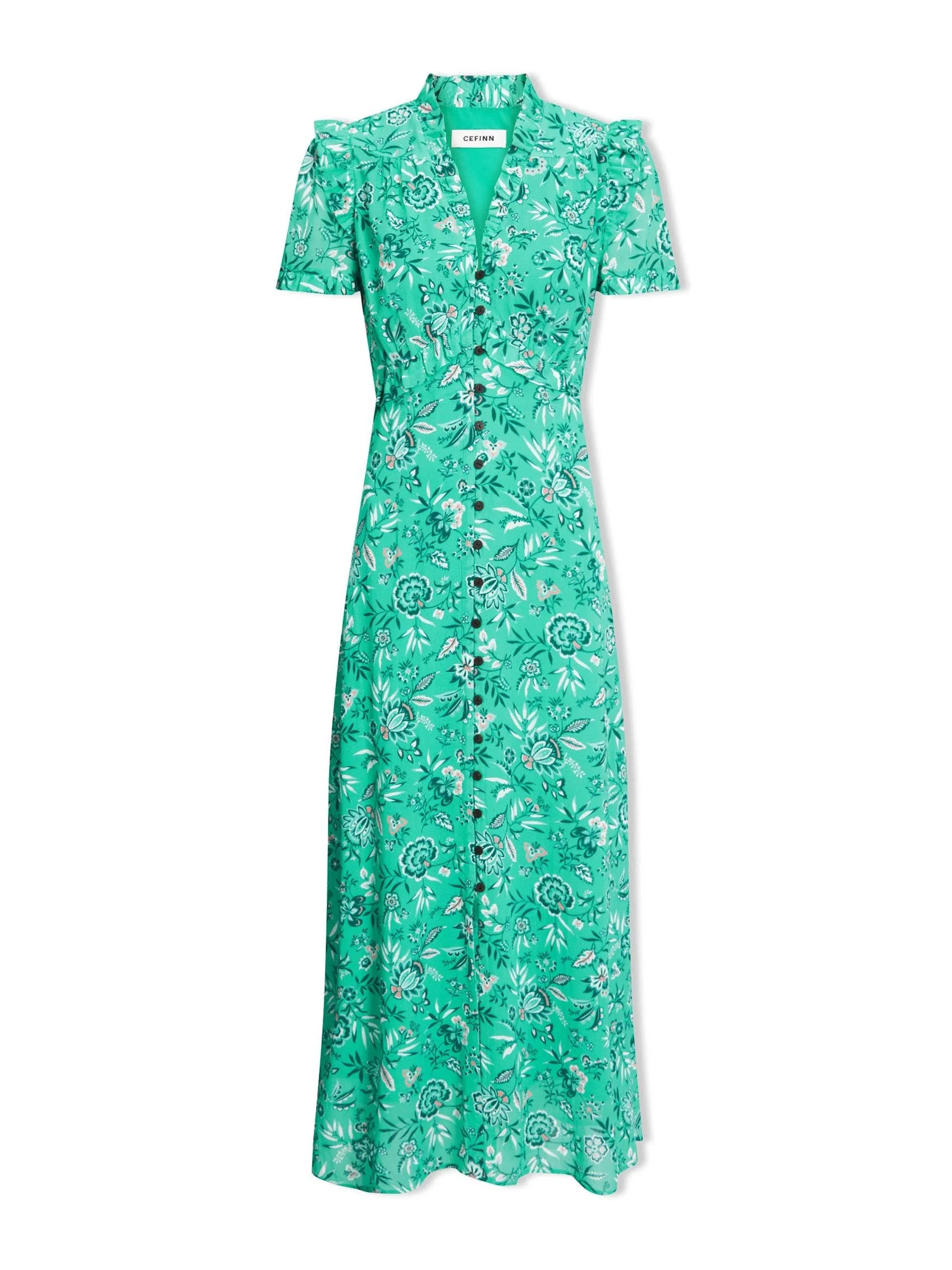 Green white palm floral Liliana cotton blend maxi dress
