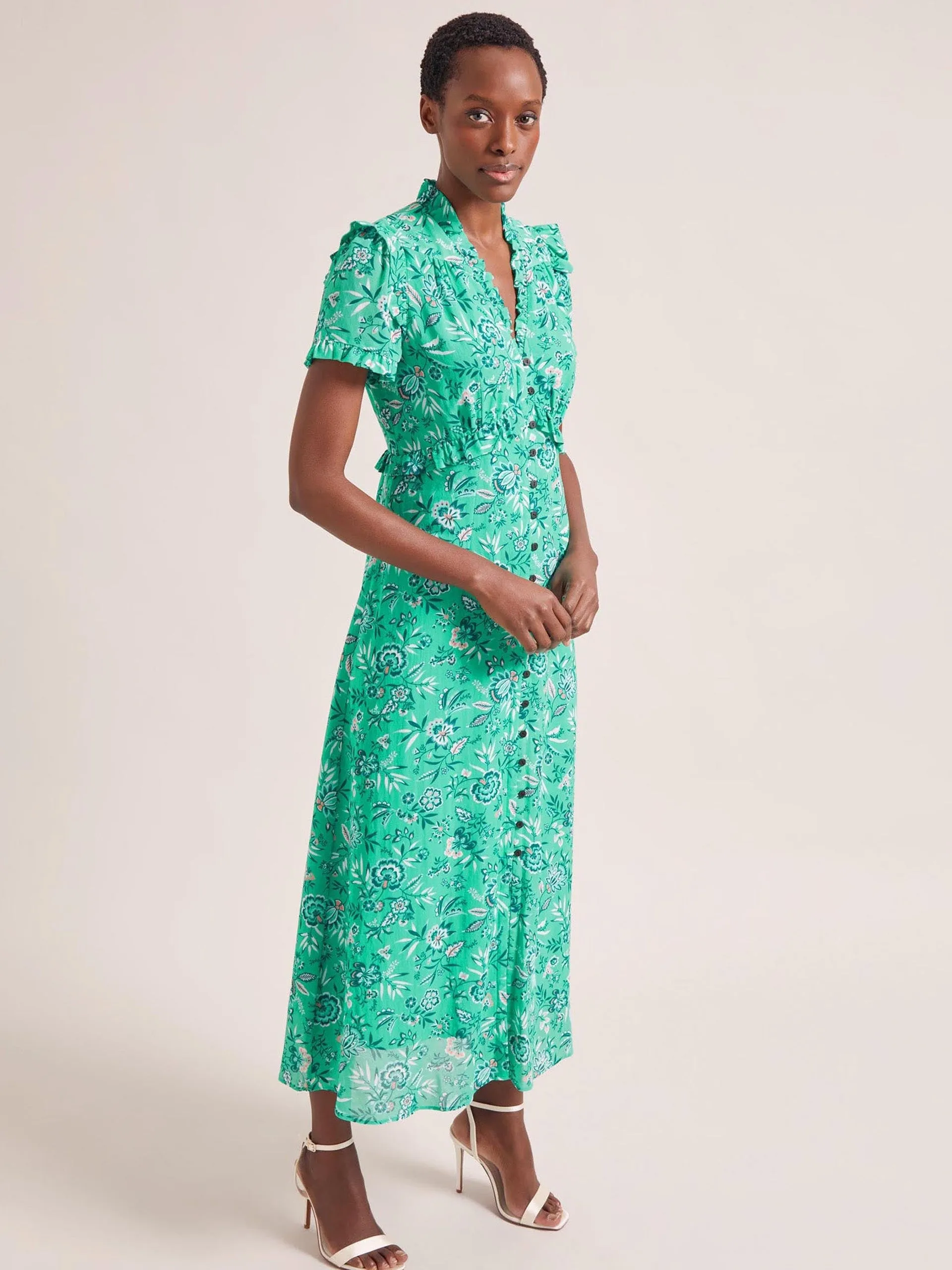 Green white palm floral Liliana cotton blend maxi dress