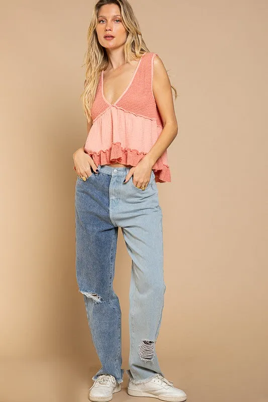 Hi Hon! Sleeveless V-neck Mini Babydoll Tank Top (2 Colors)