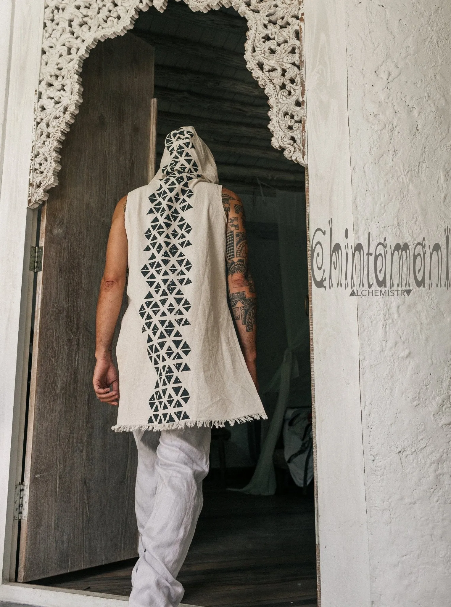 Hooded Vest Shirt for Men / Printed Tank Top with Huge Hood / Off White