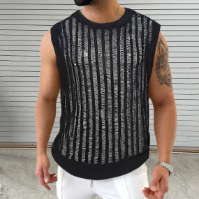 Jinquedai Hip Hop Mens Slim Tank Tops Knitted Crew Neck Sleeveless Casual Camisoles 2024 Summer Sexy Hollow Out See Through Knitting Vest
