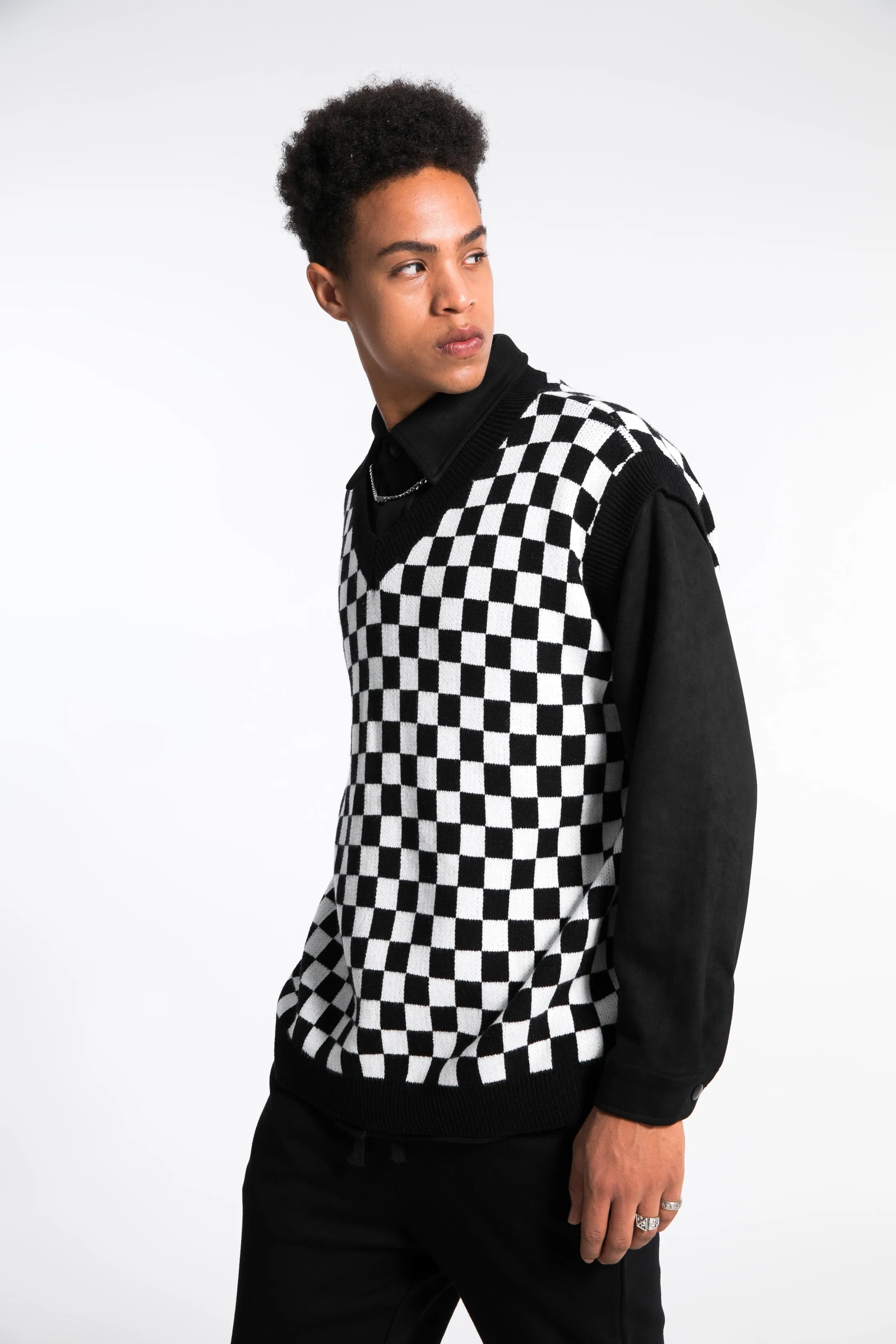JUSTNOTAG Vintage Checkerboard Print Knitted Grandpa Sweaters Vest