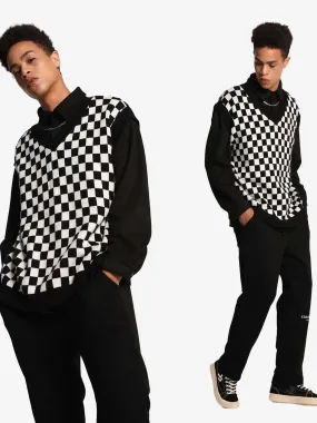 JUSTNOTAG Vintage Checkerboard Print Knitted Grandpa Sweaters Vest