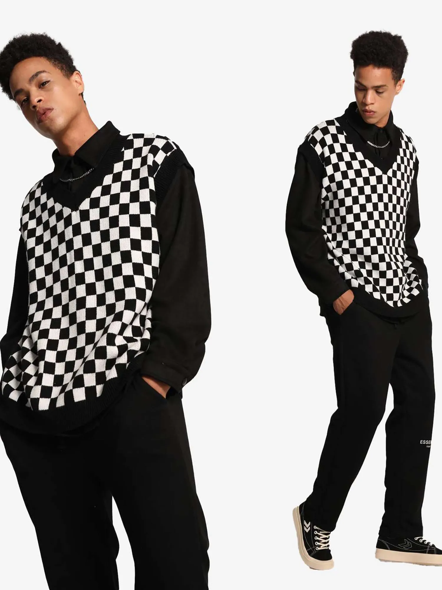JUSTNOTAG Vintage Checkerboard Print Knitted Grandpa Sweaters Vest