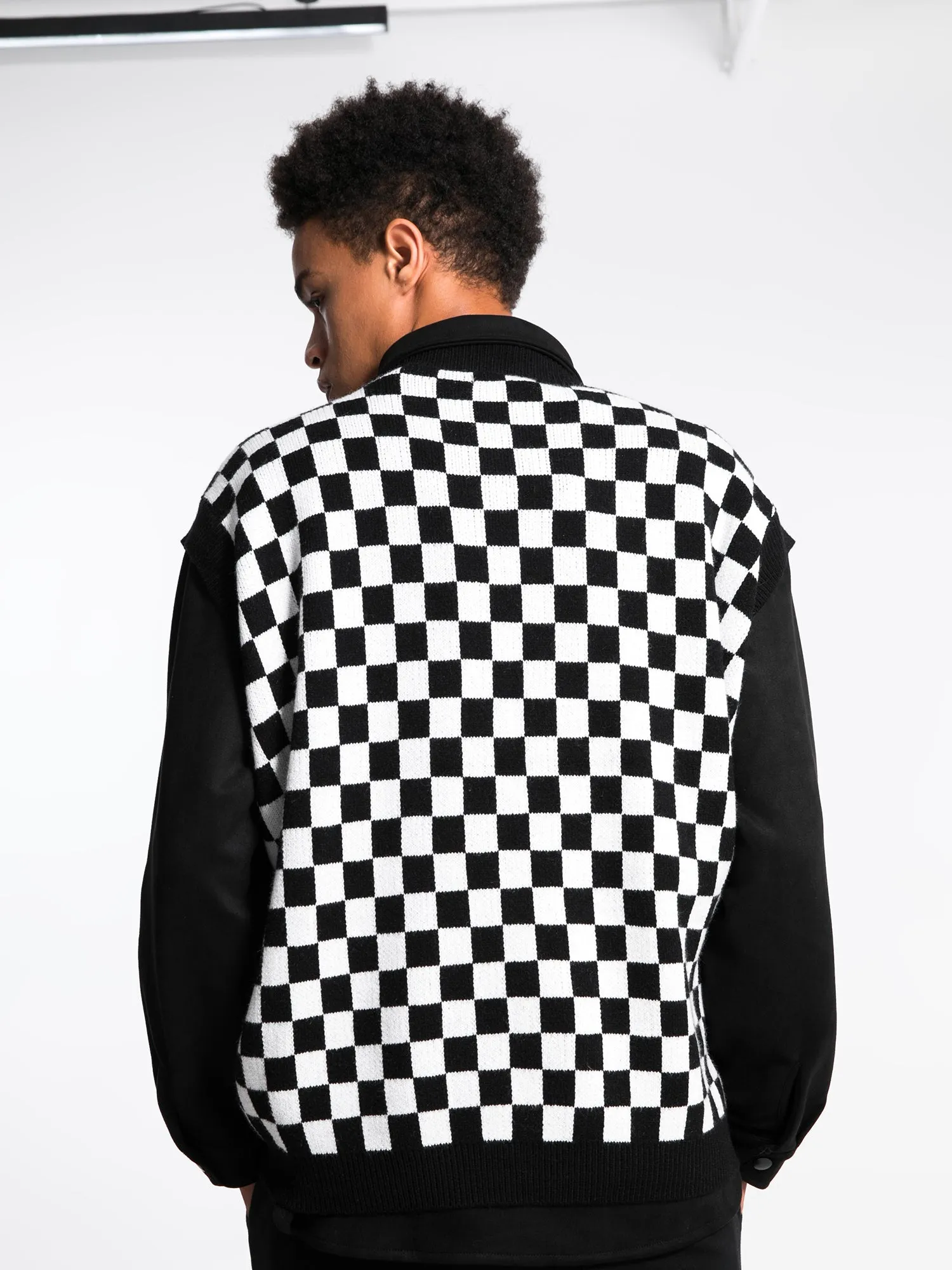 JUSTNOTAG Vintage Checkerboard Print Knitted Grandpa Sweaters Vest