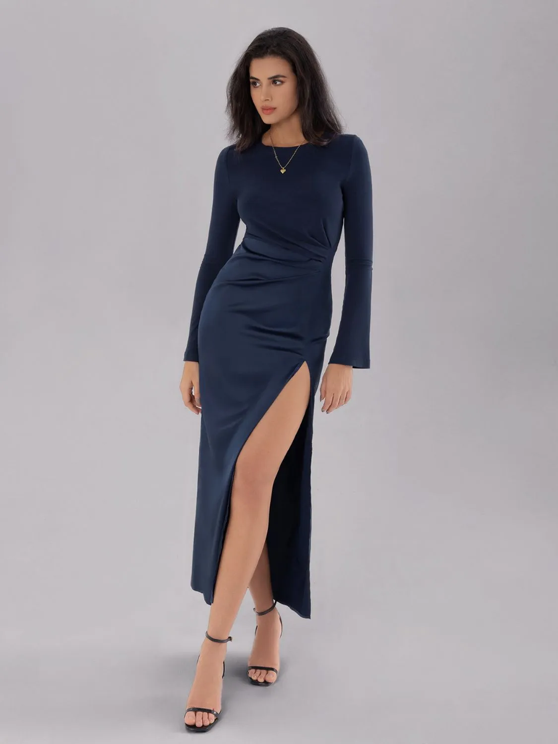 kesley Split Round Neck Long Sleeve Midi Dress