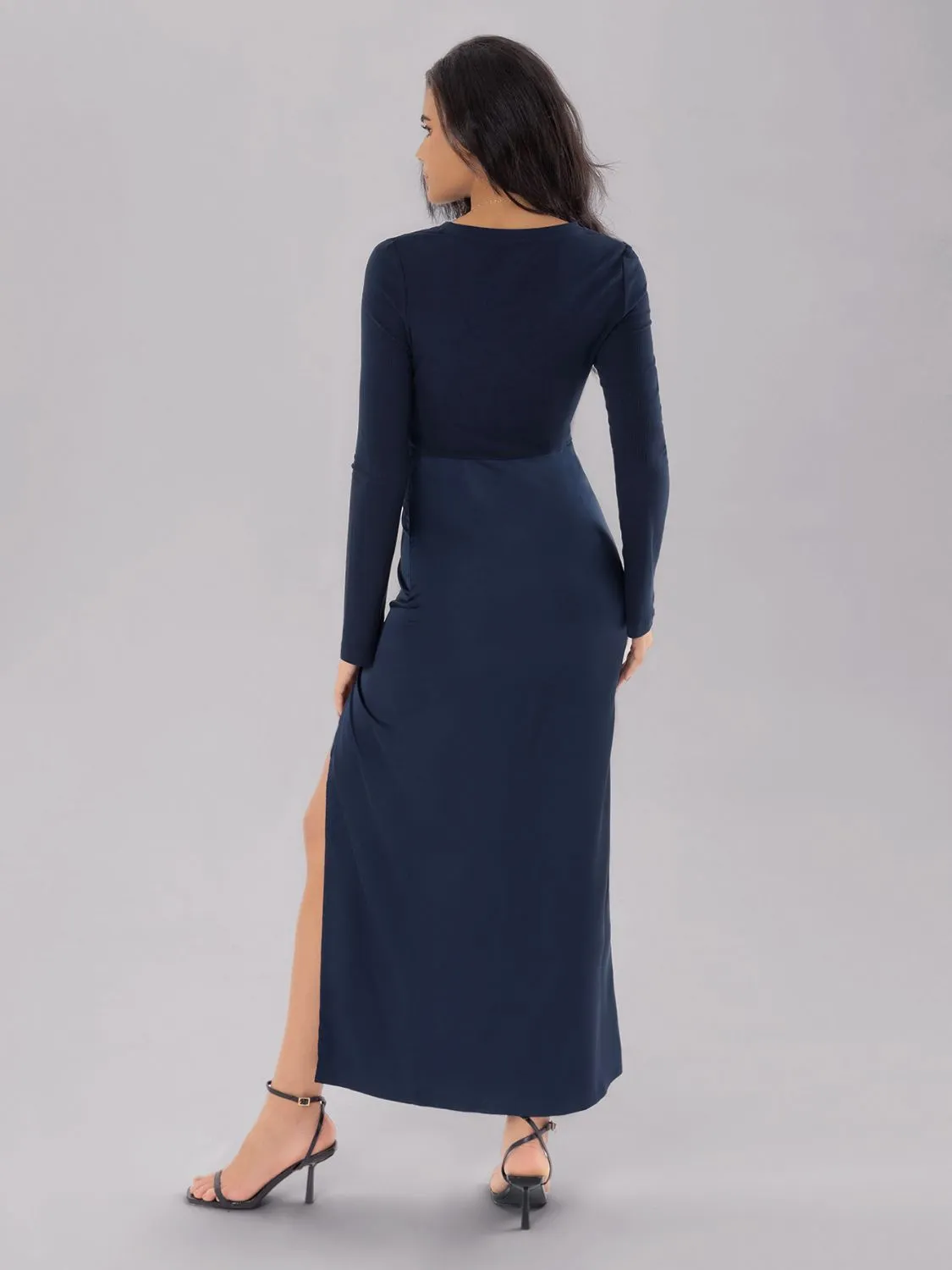 kesley Split Round Neck Long Sleeve Midi Dress