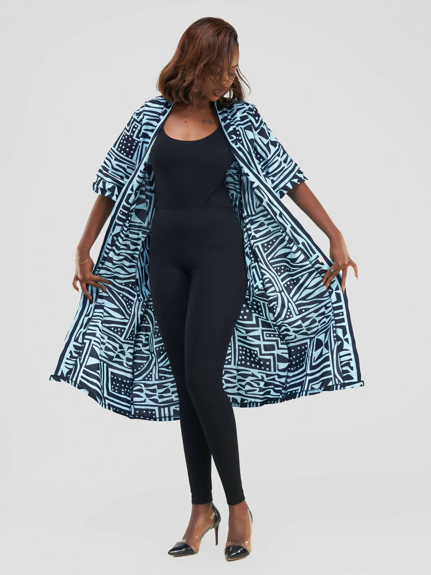 Nyota African Print Midi Kimono - Black / Blue