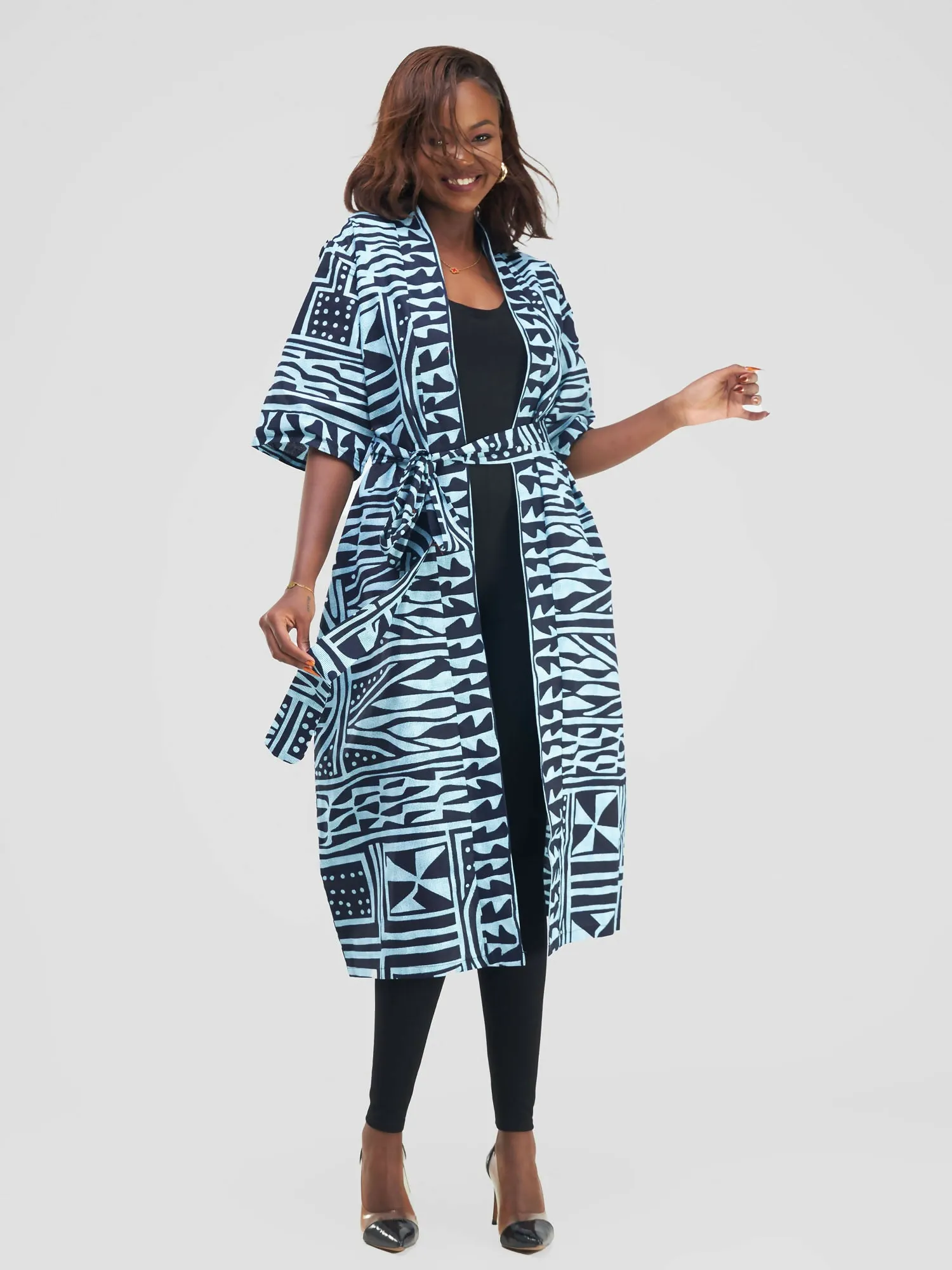 Nyota African Print Midi Kimono - Black / Blue