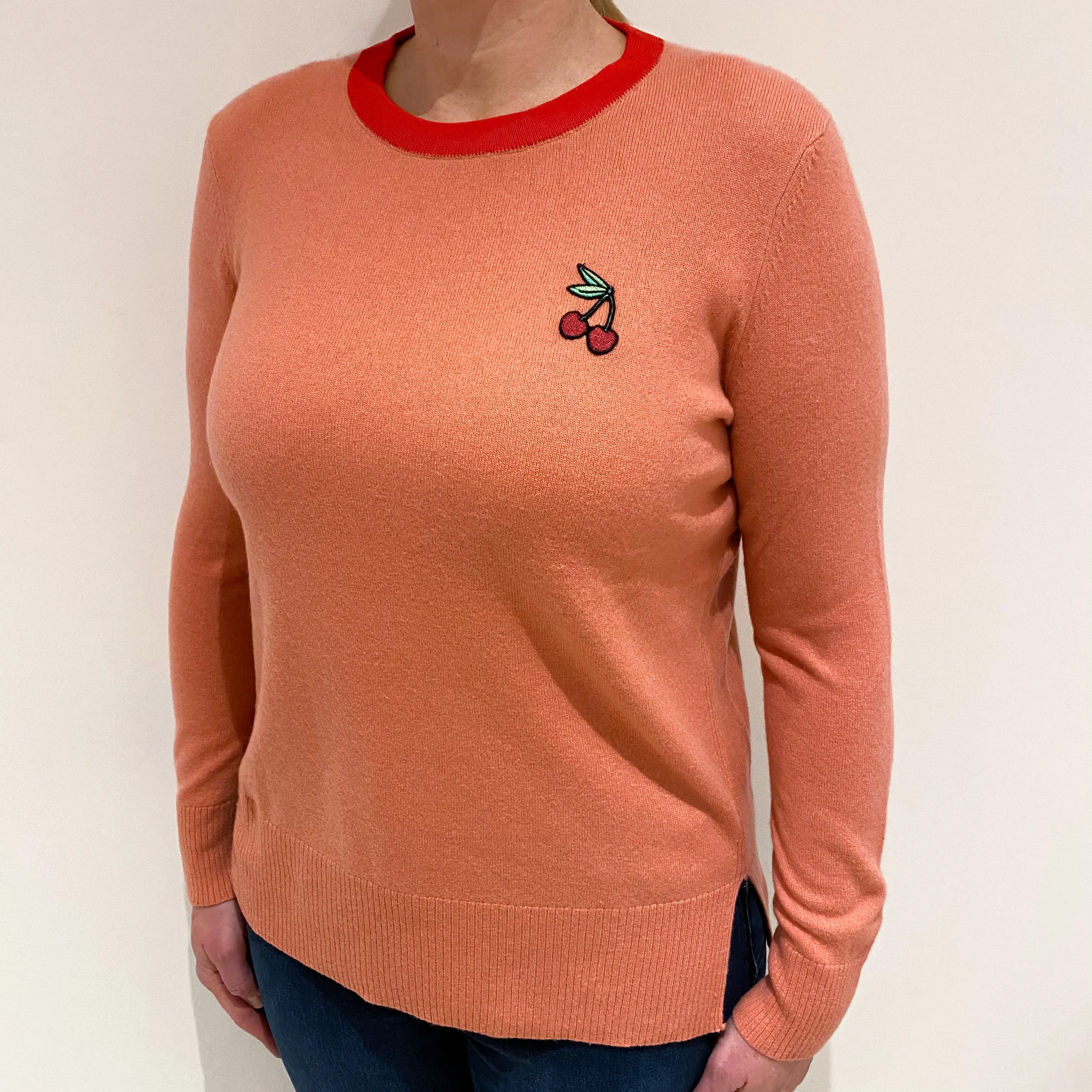 Tory Burch Light Coral Pink Cherry Cashmere Crew Neck Jumper Large