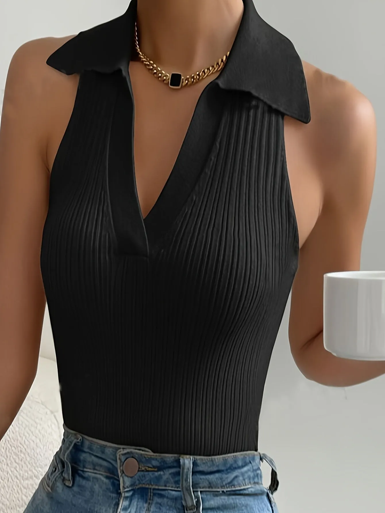 Vibrant Solid Color V-Neck Lapel Knitted Vest - Soft Micro Elastic Polyester Fabric, Casual Sleeveless Slim Fit, Perfect for Summer & Spring, Womens Clothing