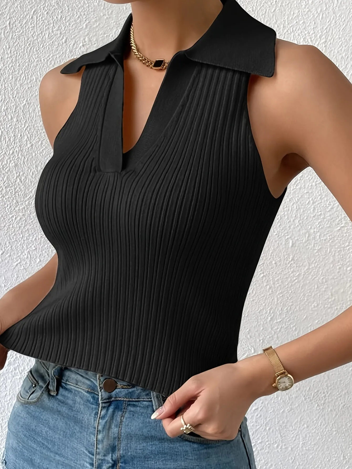 Vibrant Solid Color V-Neck Lapel Knitted Vest - Soft Micro Elastic Polyester Fabric, Casual Sleeveless Slim Fit, Perfect for Summer & Spring, Womens Clothing