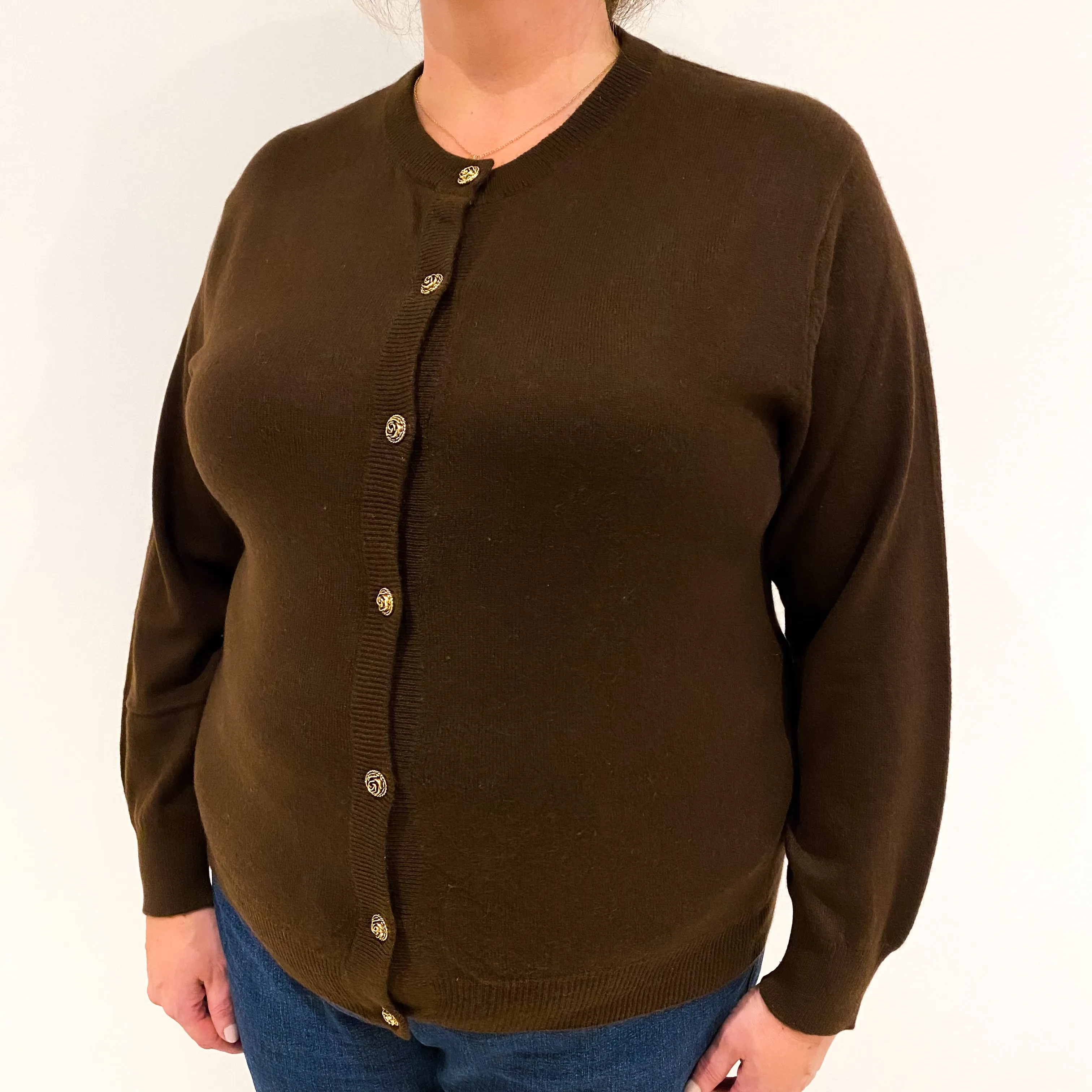 Vintage Chocolate Brown Cashmere Crew Neck Cardigan Extra Large