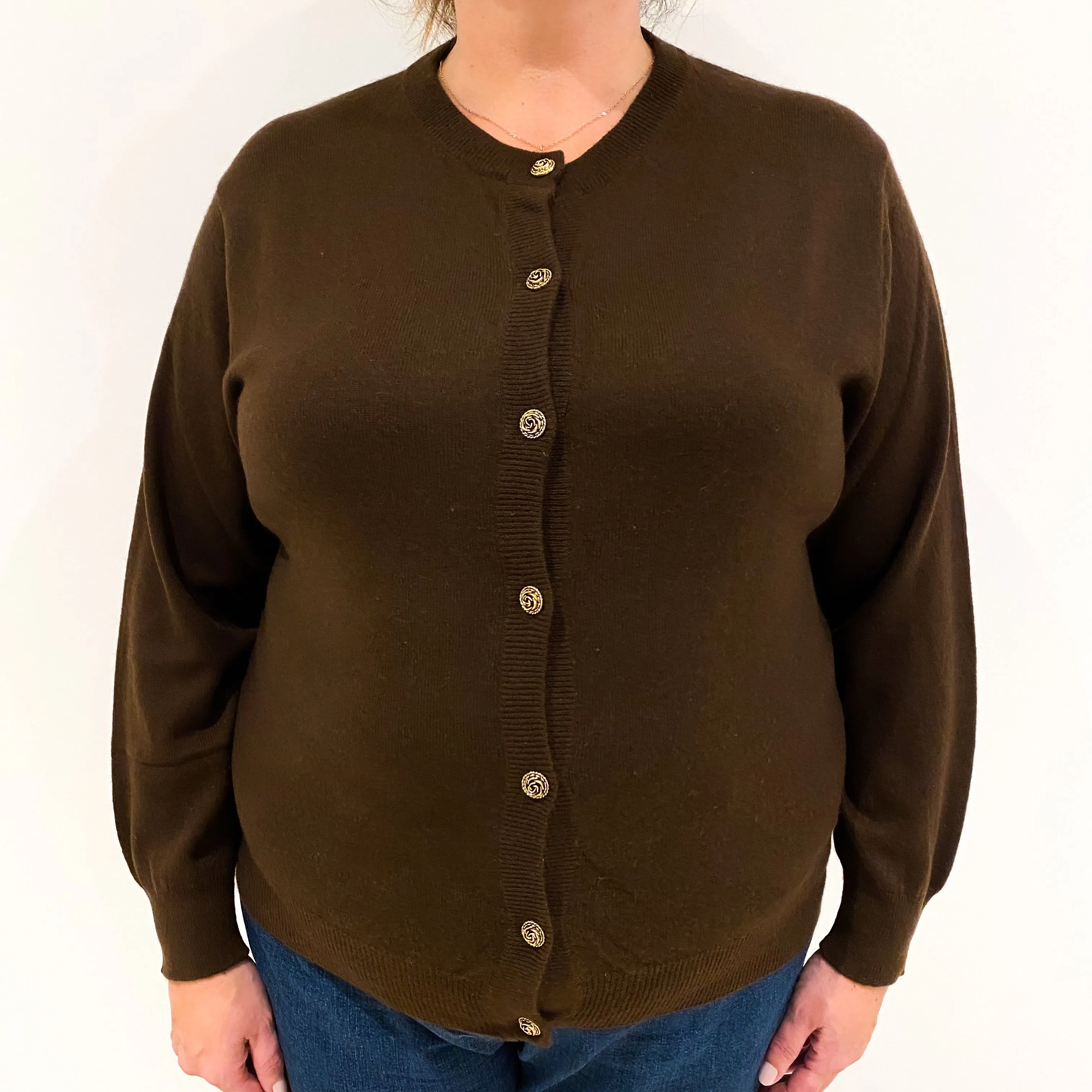 Vintage Chocolate Brown Cashmere Crew Neck Cardigan Extra Large