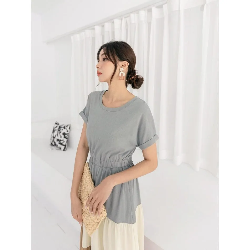 WEEKEND X OB DESIGN SHORT SLEEVE COLOR BLOCK A-LINE LONG MAXI MIDI DRESS