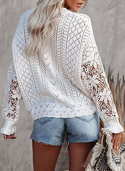 Women Lace Crochet Long Sleeve Crewneck Sweaters Winter Knit Pullover Jumper Tops