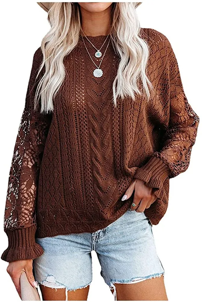 Women Lace Crochet Long Sleeve Crewneck Sweaters Winter Knit Pullover Jumper Tops