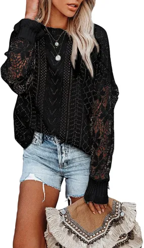 Women Lace Crochet Long Sleeve Crewneck Sweaters Winter Knit Pullover Jumper Tops