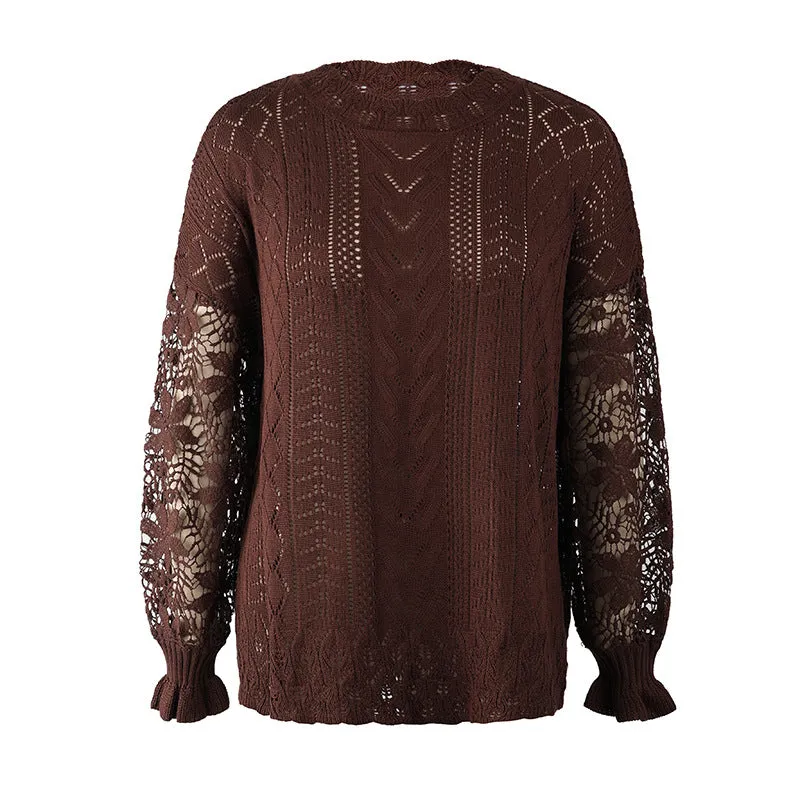 Women Lace Crochet Long Sleeve Crewneck Sweaters Winter Knit Pullover Jumper Tops