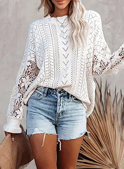 Women Lace Crochet Long Sleeve Crewneck Sweaters Winter Knit Pullover Jumper Tops