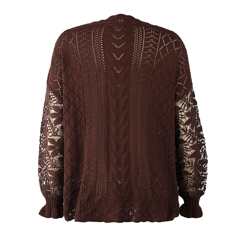 Women Lace Crochet Long Sleeve Crewneck Sweaters Winter Knit Pullover Jumper Tops