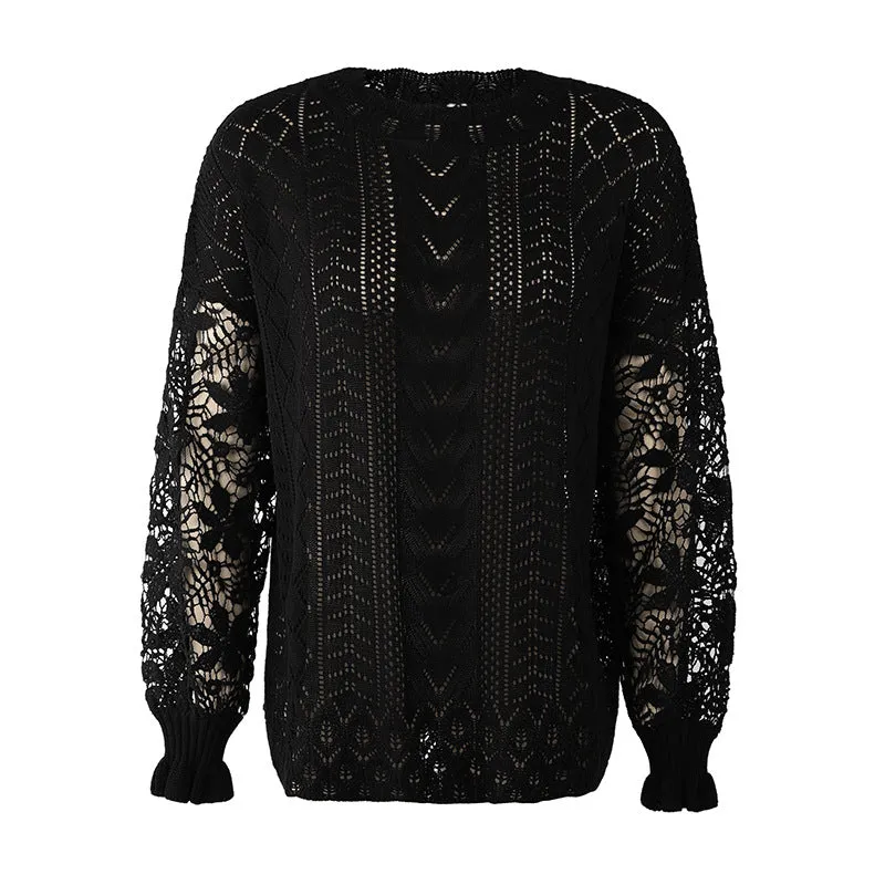 Women Lace Crochet Long Sleeve Crewneck Sweaters Winter Knit Pullover Jumper Tops