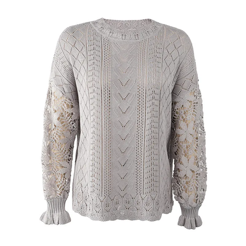 Women Lace Crochet Long Sleeve Crewneck Sweaters Winter Knit Pullover Jumper Tops
