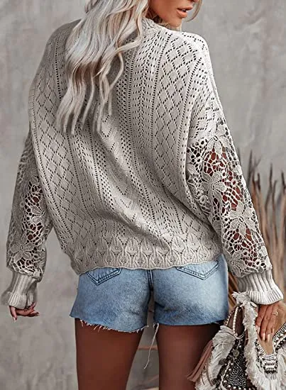 Women Lace Crochet Long Sleeve Crewneck Sweaters Winter Knit Pullover Jumper Tops