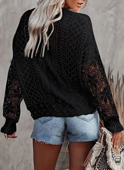Women Lace Crochet Long Sleeve Crewneck Sweaters Winter Knit Pullover Jumper Tops