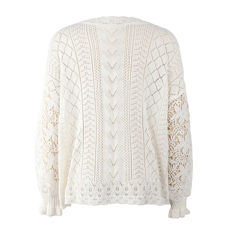 Women Lace Crochet Long Sleeve Crewneck Sweaters Winter Knit Pullover Jumper Tops