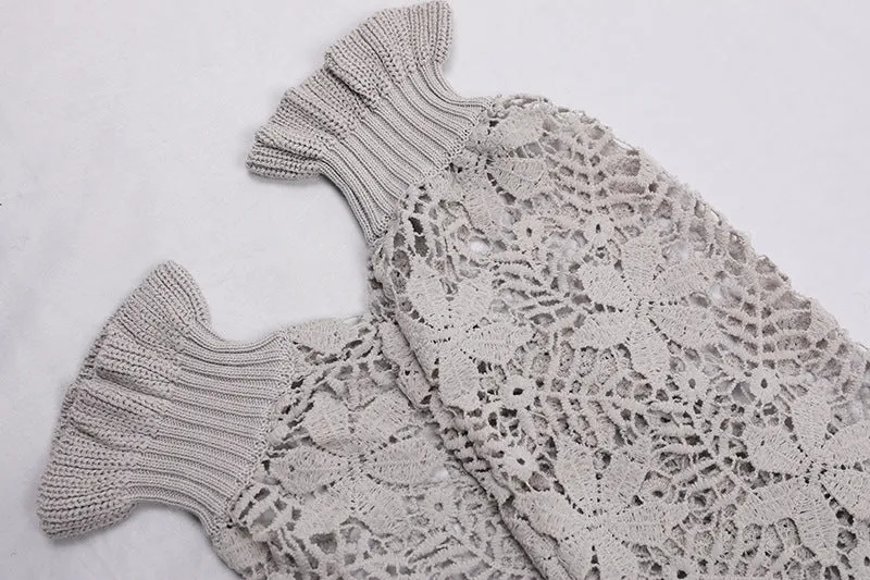 Women Lace Crochet Long Sleeve Crewneck Sweaters Winter Knit Pullover Jumper Tops