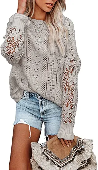 Women Lace Crochet Long Sleeve Crewneck Sweaters Winter Knit Pullover Jumper Tops