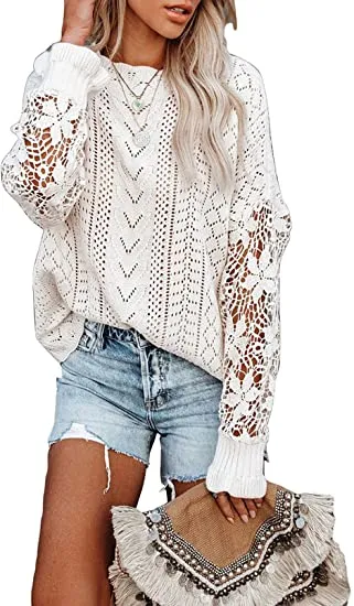 Women Lace Crochet Long Sleeve Crewneck Sweaters Winter Knit Pullover Jumper Tops